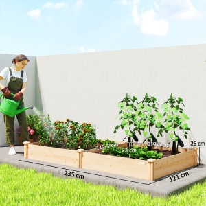 Pat de Grădină Ridicat pentru Exterior cu Separator Central și Bază Deschisă, Ghiveci din Lemn de Brad, pentru Flori, Legume pentru Balcon și Grădină, 235x121x26 cm, Culoare Lemn - Img 3
