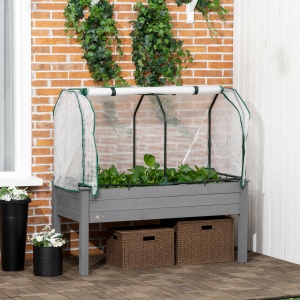 Pat pentru Grădină Ridicat cu Acoperiș din PE, Jardinieră Ridicată din Brad cu 4 Găuri de Drenaj, pentru Flori și Legume, pentru Grădină, Balcon, 121x55x117 cm, Gri Închis - Img 2
