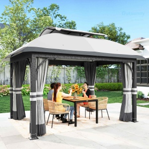 Pavilion de Grădină cu Perdele, Plasă, Acoperiș Ventilat și Cadru Metalic Galvanizat, 395x330x294 cm, Gri - Img 2