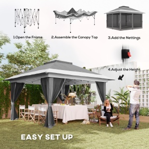 Pavilion Pliabil cu Pereți din Plasă, Înălțime Reglabilă și Protecție UV, 356x356x280 cm, Gri - Img 4