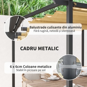 Pergolă de Grădină cu Acoperiș Retractabil și Cadru Metalic, 300x300x227 cm, Bej - Img 5