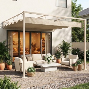 Pergolă de perete pentru grădină 3x3 m cu acoperiș retractabil, protecție UPF30+, drenaj, pavilion de grădină pentru exterior, bej - Img 2
