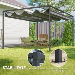 Pergolă Gazebo 4x3 m cu Acoperiș Retractabil, Orificii de Drenaj, Țepușe și Șuruburi, Pergolă pentru Grădină din Poliester și Metal, Gri Închis - Img 5