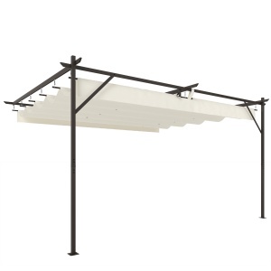 Pergolă Montată pe Perete 3x4 m cu Acoperiș Retractabil Glisant, Găuri de Drenaj, Pergolă de Grădină din Poliester și Oțel, pentru Terasă, Grădină, Exterior, UV30+, Crem