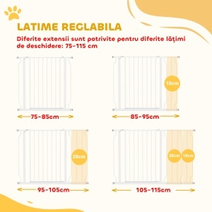 Poartă de Siguranță pentru Câini din Oțel și ABS, Poartă Extensibilă pentru Câini pentru Scări și Uși, 75-115 cm, Alb - Img 4