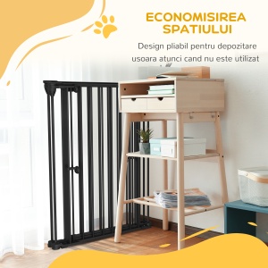 Poartă pentru Câini cu 3 Panouri și Sistem Dublu de Închidere, Barieră pentru Câini pentru Scări, Uși, Holuri, 206x90 cm, Negru - Img 6