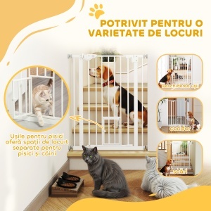 Poartă Reglabilă pentru Câini cu Ușă Mică și Montaj prin Presiune, 74-80x91.4 cm, Alb - Img 7