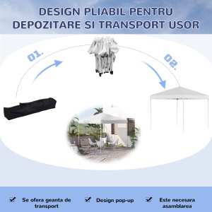 Pop Up Foisor 2,45 x 2,45 m rezistent la apa cu franghii si cuie de otel si tesatura Oxford alba - Img 5