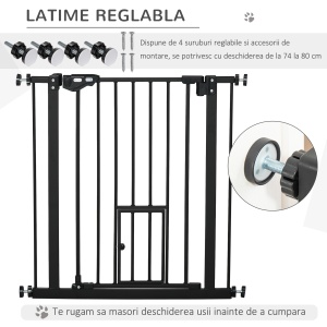 Portita pentru Caini cu Fixare prin Apasare, Extensibila de 74-80 cm cu Inchidere Automata, Neagra - Img 6