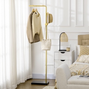 Raft cu 2 carlige pentru intrare, dormitor si sufragerie din metal si marmura, 35x25x170 cm, auriu si negru - Img 2