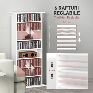 Raft pentru CD-uri cu 6 rafturi reglabile, capacitate de 360 CD-uri/185 DVD-uri, 58x24x124.5 cm, alb - Img 5