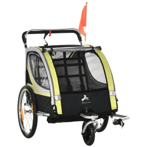 Remorca pentru bicicleta pentru copii 2 in 1, centura in 5 puncte, geanta de depozitare, reflector, steag, galben