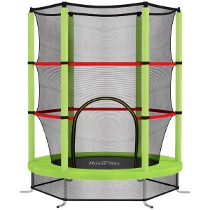 Saltea Elastică pentru Copii 3-6 Ani cu Plasă de Protecție, 6 Stâlpi și 3 Intrări, Ø140x190 cm, Verde - Img 1