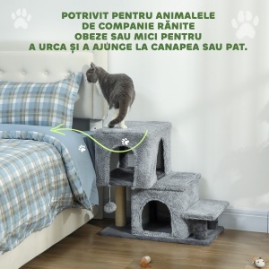 Scara pentru Pisici cu 4 Trepte Reglabile, 2 Căsuțe și Stâlp pentru Zgâriat Gri - Img 7
