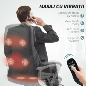 Scaun de Birou cu Masaj în 6 Puncte, Vibrant și Înclinabil, cu Buzunar și Telecomandă, 66x72x113-121 cm, Gri - Img 4
