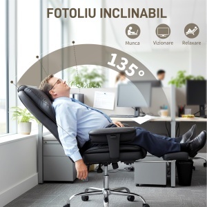 Scaun de birou cu suport pentru picioare și tetieră, din piele PU, spumă și metal, 76x73x117-125 cm, negru - Img 7