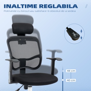 Scaun de Birou Ergonomic cu Șezut Reglabil și Tetieră, din Poliester și Oțel, 63x62x106-114 cm, Negru - Img 5