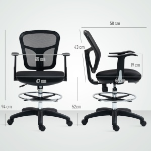 Scaun de Birou Rotativ cu Inel pentru Sprijinirea Picioarelor și Spătar Curbat, 55x58x94 cm, Negru - Img 3