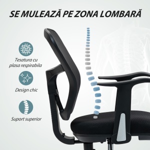 Scaun de Birou Rotativ cu Inel pentru Sprijinirea Picioarelor și Spătar Curbat, 55x58x94 cm, Negru - Img 6