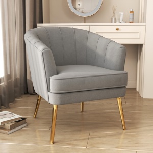 Scaun de Efect din Material Textil, Fotoliu din Catifea, Fotoliu Modern pentru Camera de Zi cu Picioare Metalice Aurii si Captuseala Groasa pentru Dormitor, Gri - Img 2