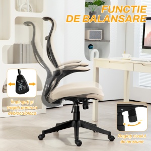 Scaun Ergonomic de Birou cu Brațe Rabatabile, Tetieră, Înălțime Reglabilă și Funcție de Leagăn, 66x66x121 cm, Bej - Img 5