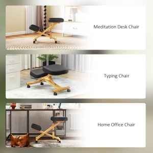 Scaun Ergonomic pentru Genunchi cu Înălțime Reglabilă din Lemn cu Rotile, 42x70x42-52 cm, Negru - Img 8