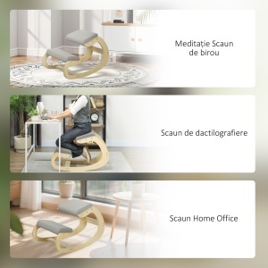 Scaun pentru genunchi din țesătură cu aspect de in și lemn, Gri deschis - Img 7