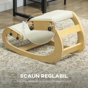 Scaun pentru genunchi reglabil în 6 poziții, din țesătură tip in și lemn de mesteacăn, 55x85x55 cm, crem - Img 5