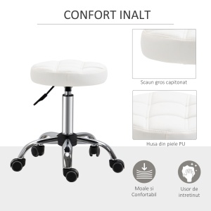 Scaun Rotativ cu Roti, Rotund, Scaun pentru Coafor și Estetician cu Înălțime Ajustabilă, Tapițat în Piele Ecologică, Ø35.5x51-67 cm, Alb - Img 5