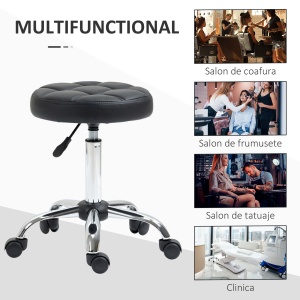 Scaun Rotativ cu Roti, Rotund, Scaun pentru Coafor și Estetician cu Înălțime Ajustabilă, Tapițat în Piele Ecologică, Ø35.5x51-67 cm, Negru - Img 7