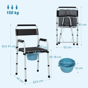 Scaun Toaletă Pliabil cu Găleată Detașabilă, Brațe și Spătar din Oțel și Piele PU, 52,5x46x81,5-97 cm, Negru - Img 3