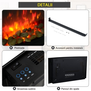 Șemineu Electric de Perete din Inox și Sticlă Temperată, Putere 900W/1800W, Design Modern pentru Casă și Birou - Img 6