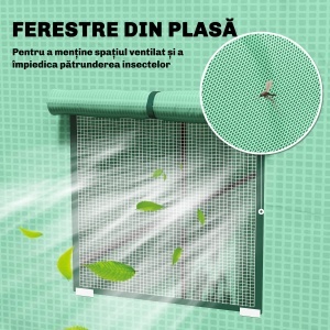 Seră de Grădină cu Acoperiș Înclinat, 2 Ferestre și Ușă Rulabilă, Seră pentru Legume cu Structură din Oțel, Acoperire din PE Anti-UV, pentru Legume, Flori, Plante, 196x77x197 cm, Verde - Img 6