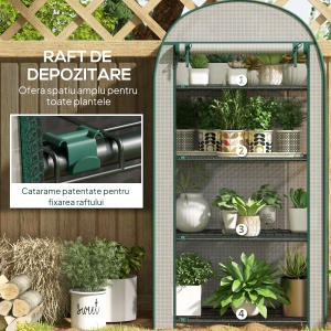Sera de Gradina cu Rafturi din Metal si Copertina din PE, Sera pentre Legume cu Usa Rulou 80x49x160cm, Verde - Img 6