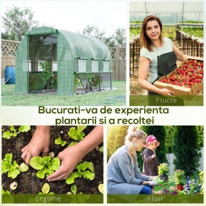 Sera de Grădină tip Tunel 3x2x2 m cu Ușă Rulabilă și 6 Ferestre cu Plasă, Sera pentru Grădină cu Structură din Oțel și Acoperiș din PE, pentru Legume, Flori, Fructe, Anti-UV, Verde - Img 7