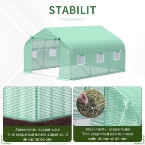 Seră de Grădină Tunel cu Ușă Rulantă, 6 Ferestre și Acoperiș Învelit PE pentru Plante, 3,5x3x2 m, Verde - Img 5