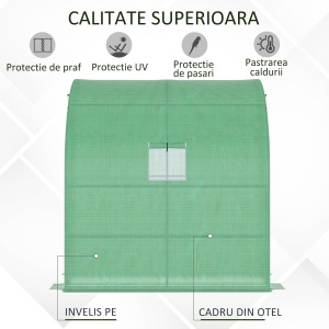 Sera de Perete cu 2 Rafturi pentru Plante si Flori din Otel si PE, 200x100x213cm - Verde - Img 7