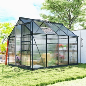 Seră din Policarbonat, Cadru de Aluminiu pentru Exterior, Ușă Glisantă și Ventilare, 6.2'x8.3'x6.6' Gri - Img 3