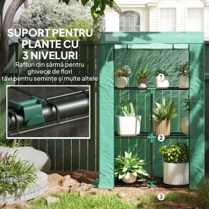 Sera Mini cu 3 Niveluri, Copertină din PE cu Armătură și Ușă Rulabilă, 100x40x150 cm, Verde - Img 5