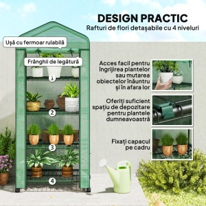 Sera Portabilă, Seră pentru Plante, Flori, Structură Exterioară cu 4 Rafturi, Acoperire PE, Verde - Img 6