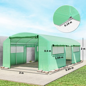 Seră Tunel cu 3 Uși Rulante, 6 Ferestre, Țăruși și Frânghii, Seră de Grădină din Oțel Galvanizat, 6x3x2 m, Verde - Img 3