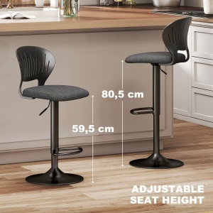 Set 2 Scaune de Bar Reglabile, Scaune de Bucătărie Înalte din Material Textil cu Efect de In cu Spătar, Suport pentru Picioare și Șezut Moale, Cadru Metalic, Scaune Rotative la 360°, Negru - Img 6