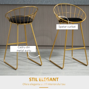 Set 2 Scaune Inalte, Suport pentru picioare, Perna de catifea, Poliester/Metal, 52.5x47x97cm, Negru/Auriu - Img 4