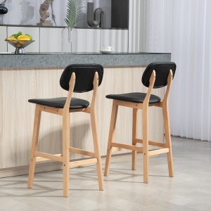Set 2 Taburete cu Spătar și Tapițerie din Piele Artificială, Taburete Înalte din Lemn, 42x47x92 cm, Natural și Negru - Img 8