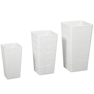 Set 3 Ghivece de Exterior Suprapozabile cu Model Ondulat din Plastic, 42/55/65 cm, Alb - Img 1
