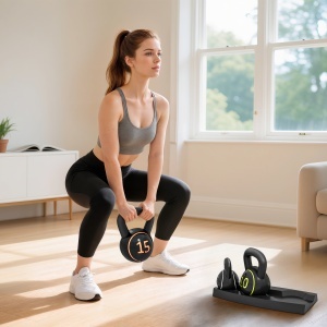 Set 3 Kettlebell de 2.2 kg, 4.5 kg și 6.8 kg cu Suport pentru Greutăți, din Plastic și Nisip, Negru - Img 2