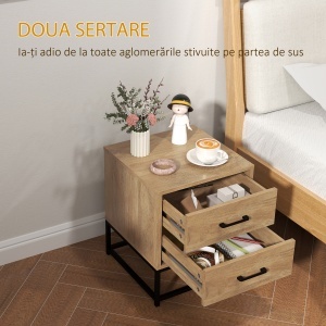 Set de 2 Noptiere cu 2 Sertare din Lemn și Oțel, 40x39.5x48 cm, Lemn Natural - Img 5