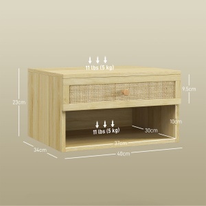 Set de 2 Noptiere Plutitoare, Noptiere cu Sertar din Ratan și Raft Deschis pentru Dormitor, 40x34x23 cm, Lemn Natural - Img 3