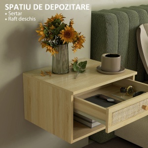Set de 2 Noptiere Plutitoare, Noptiere cu Sertar din Ratan și Raft Deschis pentru Dormitor, 40x34x23 cm, Lemn Natural - Img 6