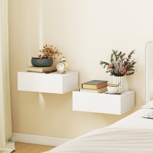 Set de 2 Noptiere Suspendate pentru Dormitor cu Sertar, 40x30x15 cm, Alb - Img 2